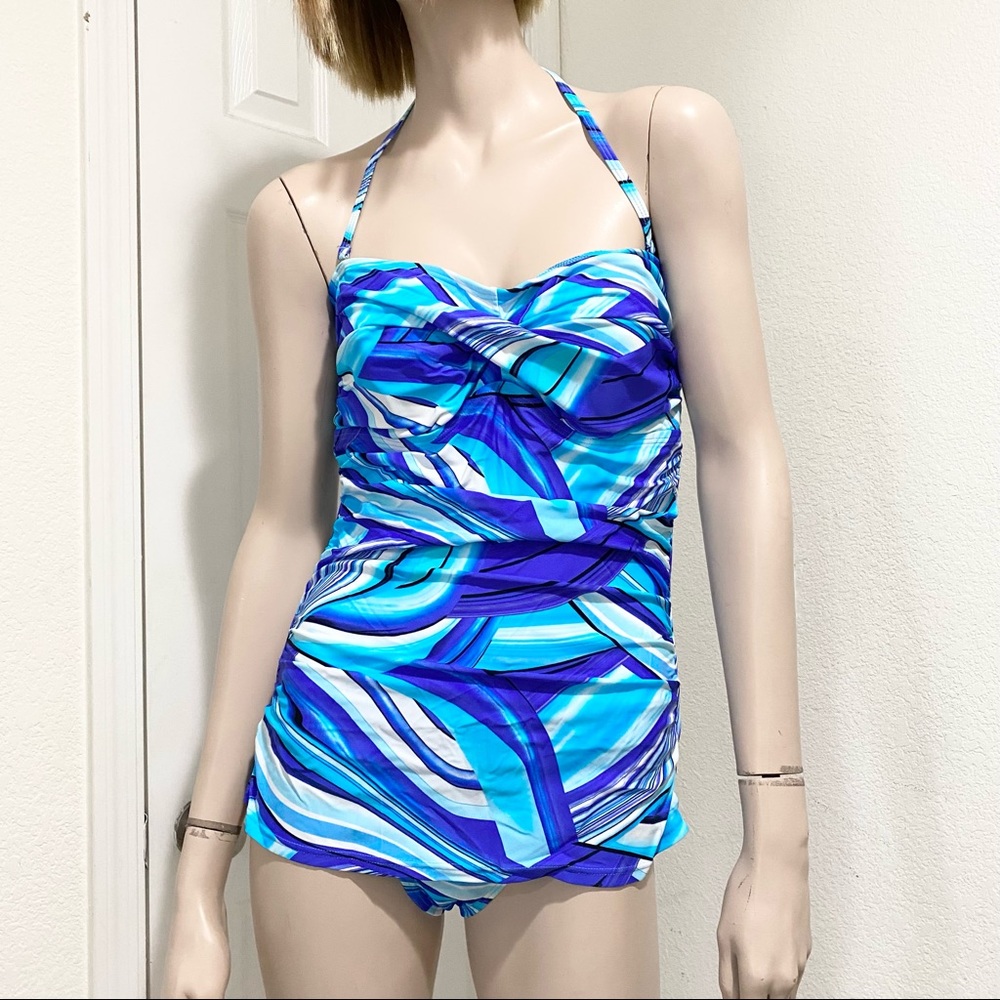 BIKINI BAY BB1010 1-pc Bandeau Swimsuit Blue Wave Print Size 16 NWT